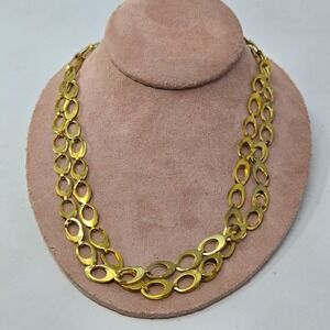 Gold Tone Double Circle Link Layered Necklace Cuban Chain 38" VIntage Fashion